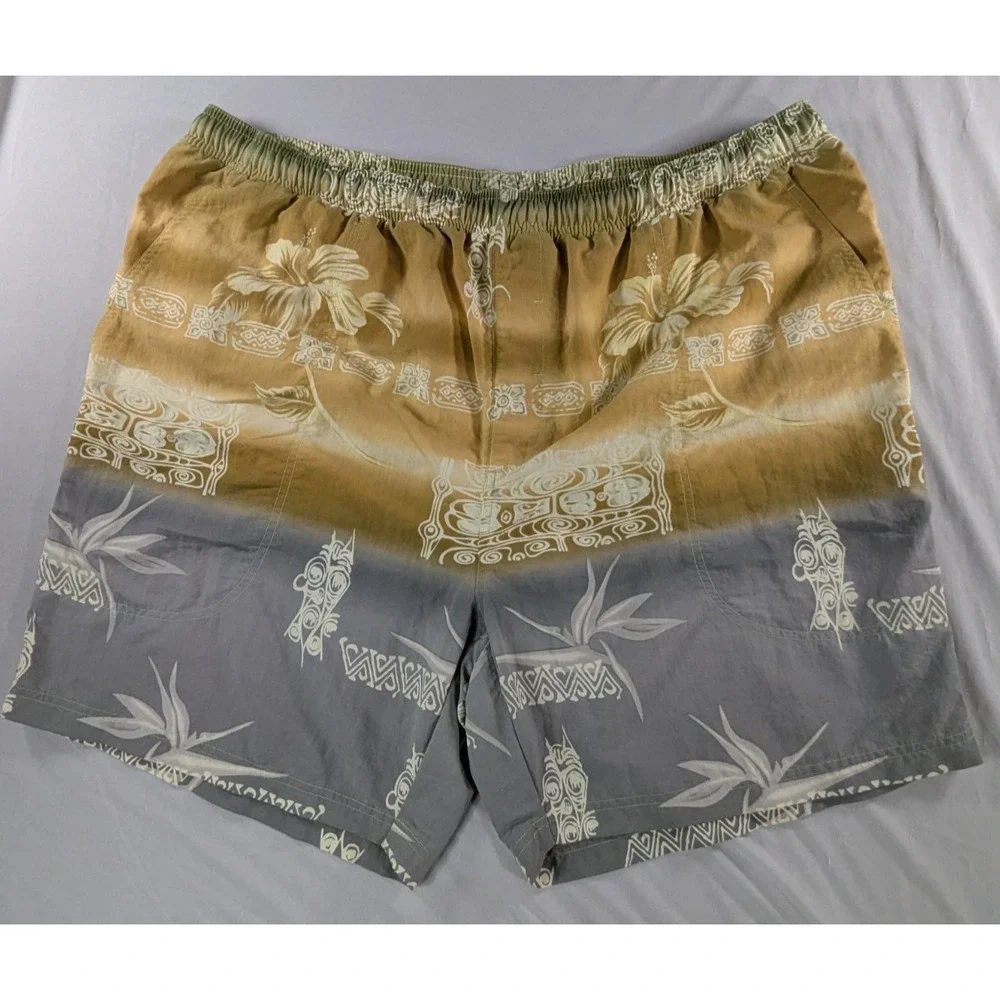Tommy Bahama Mens Paradise Nation Tiki Swim Trunks XXL Tan Gray Vintage Ombre